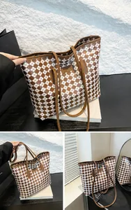 Detail of a large capacity brown and white checkered tote bag with a minimalist logo
