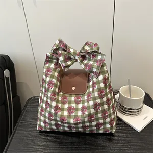 Vintage Gingham Plaid Floral Canvas Tote Bag For Women With PU Leather Flap Bow Large Capacity Casual Daily Shoulder Bag