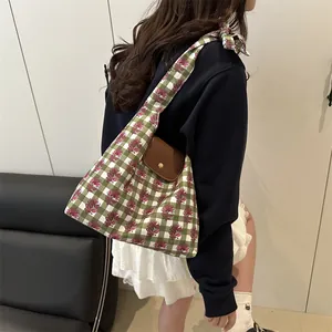 Retro green plaid canvas tote bag with floral print and brown leather flap cover