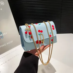 Women Sweet Cherry Print Saddle Crossbody Bag Small PU Leather Shoulder Bag With Metal Chain Strap Daily Casual Bag