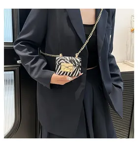 Mini crossbody bag with zebra pattern and gold chain strap shown on model's outfit