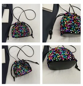 Detailed close-up showing vibrant multi-colored sequins and drawstring on the bucket bag