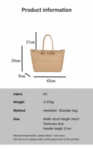 Detailed size specifications for a minimalist PU leather tote bag with cutout handles