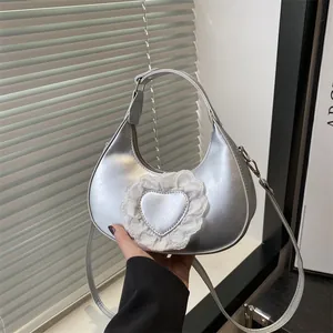 Γυναικεία Τσάντα Μασχάλης από Δέρμα PU με Καρδιά Δαντέλα Y2K Trendy Hobo Τσάντα Ώμου Μικρή Τσάντα Χιαστί Ροζ Ασημί Δώρο Μόδας