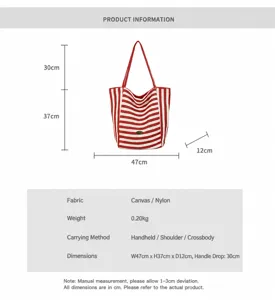 Guía de tallas del bolso tote de lona a rayas con ancho 47cm y altura 37cm