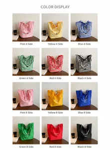 Selección de colores detallada para bolsos tote de lona a rayas y lisos en seis tonos