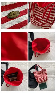 Vista detallada del bolso tote de rayas rojas con etiqueta artesanal e interior espacioso