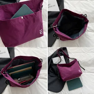 Detailed views of purple nylon crossbody bag features, large capacity and durable strap