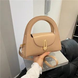 Niche Design Women PU Leather Handbag Minimalist Semi Circle Handle Gold Lock Flap Shoulder Crossbody Bag Vintage Commute Purse