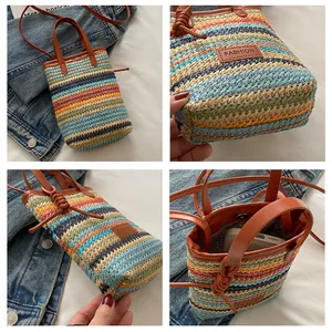 Vues détaillées d'un mini sac de téléphone tissé coloré avec des sangles en cuir souple