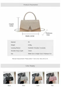Detailed size chart and dimensions of the glitter evening handbag in four colors