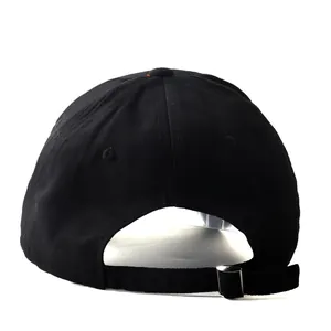 Rear view of black cotton baseball cap showing adjustable strap and metal buckle