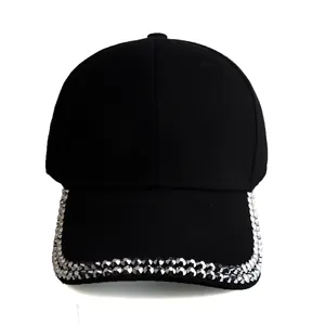 Black cotton baseball cap with stylish silver rhinestone embellishments on the brim edge