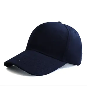 Detailed view of the dark blue twill cotton fabric and curved brim of the baseball cap