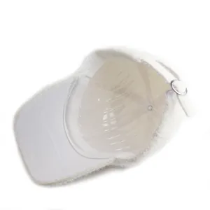 Detail of white plush winter baseball cap showing inner stitching and metal buckle