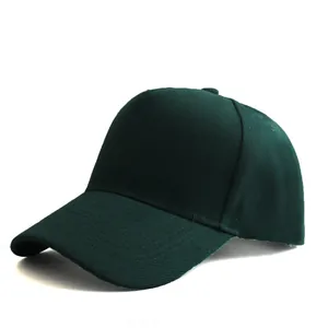 Close-up of a dark green five-panel baseball cap with reinforced stitching and twill fabric