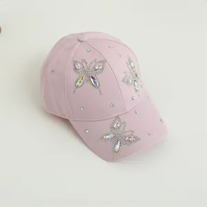 Berretto da Baseball in Cotone da Donna Con Decorazione Farfalla in Strass Cappello da Sole Alla Moda Regolabile Per Viaggi All'aperto Casual