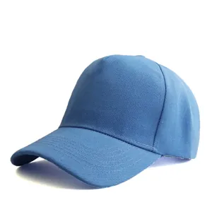 Detail view of the reinforced stitching on a blue cotton twill baseball cap brim