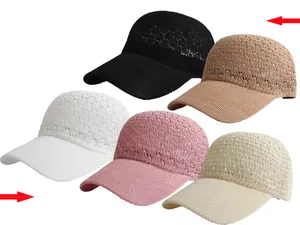 Detail of hollow mesh knit sun hats in multiple colors for breathable summer wear