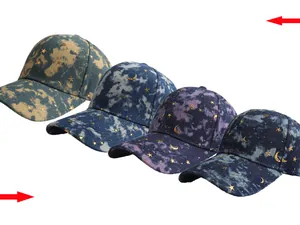 Detail of four tie-dye starry sky baseball caps with gold stars and moon patterns