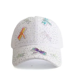 White lace baseball cap with 3D dragonfly patches and sparkling rhinestones