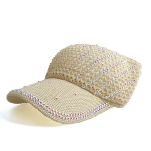 Women's Fashion Rhinestone Knitted Sun Visor Hat Breathable Topless Baseball Cap For Summer Outdoor Travel Beach Accessory
