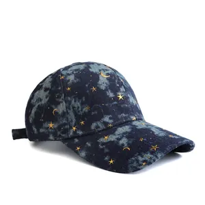 Star and moon embroidered navy tie-dye baseball cap for outdoor sun protection