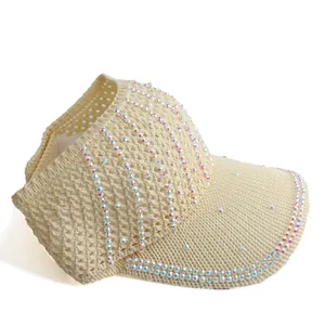 Women's cream knit sun visor hat with sparkling rhinestones and breathable hollow design