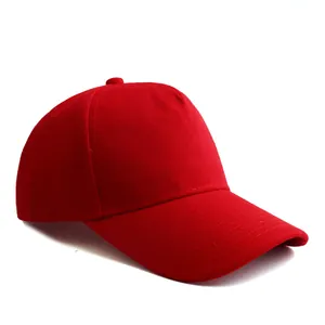 Classic red cotton baseball cap with a curved brim and a plain six-panel structure design