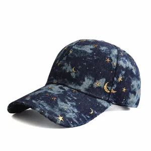 Vintage Washed Denim Baseball Cap For Women With Gold Star Moon Patterns Adjustable Tie Dye Sun Hat Outdoor Fashion Accessory