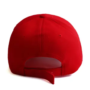 Rear view of adjustable red cotton baseball cap with ventilation holes and velcro closure