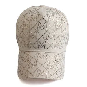 Beige baseball cap with sparkling rhinestones, M letter pattern and diamond lattice design