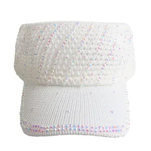 White knitted open top sun hat with sparkling colorful rhinestones for summer