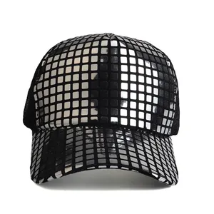 Modieuze Pailletten Honkbalpet Reflecterend Raster Disco Trucker Hat Met Ademende Mesh Achterkant Verstelbare Zonnehoed