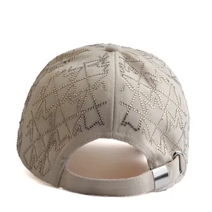 Beige baseball cap with sparkling crystal patterns and adjustable silver metal buckle