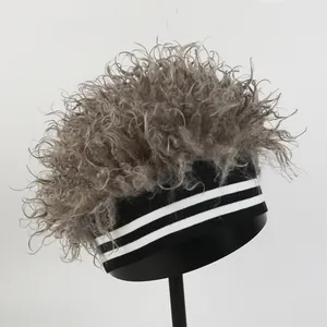 Novelty knit headband with fluffy grey curly wig hair and sporty white stripes