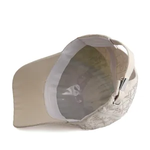 Detail view of cotton baseball cap interior showing white sweatband and adjustable metal buckle