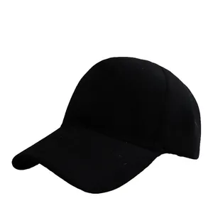 Classic plain black five-panel baseball cap with curved brim for sun protection