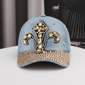 Denim baseball cap for women with luxury rhinestone fleur-de-lis crystal patterns