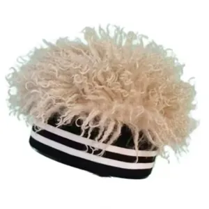 Detail of trendy knit wig hat featuring white curly faux fur top and striped black headband