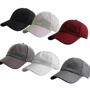 Detailed view of rhinestone encrusted baseball caps in six vibrant fashion colors