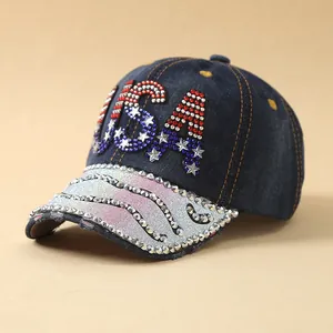 Detail view of denim USA baseball cap with rhinestones and star-shaped crystal pattern