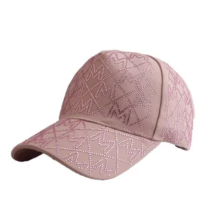 Pink baseball cap with rhinestone M-pattern and sparkling diamond studs for women