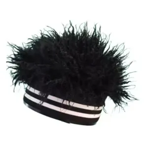 Fashionable black faux fur beanie with white stripes for a punk stage performance style