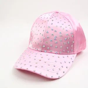 Pink satin baseball cap with sparkling rainbow rhinestones for sun protection