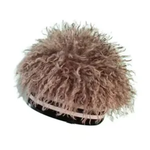 Detail of faux fur hat with thick curly texture and ethnic black and white striped band