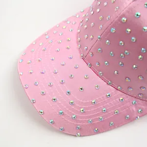 Pink satin baseball hat for women with sparkling rainbow rhinestones and stitched brim