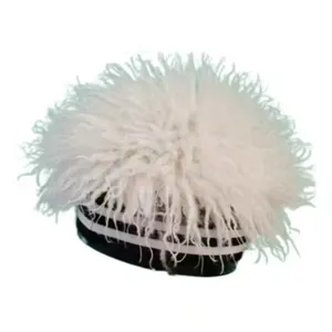 Close-up of fluffy white faux fur wig hat with black striped base for fashion accessories