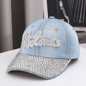 Berretto da Baseball in Denim da Donna Strass Pattern Victoria Alfabeto Tesa Curva Protezione Solare Parasole Casual Cappello