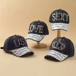 Women Rhinestone Denim Baseball Cap Bling Letters USA LOVE SEXY Crown Pattern Adjustable Cotton Sun Hat Outdoor Fashion Jewelry